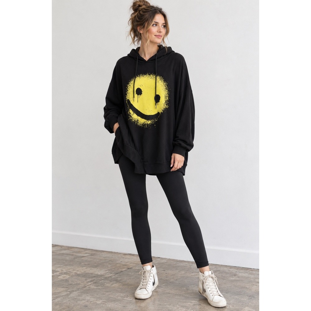 Kate Hewko Black Oversized Spray Paint Smiley Face Asymmetrical Hoodie One Size